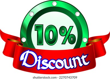 10% off, green disk and red ribbon, vector illustration for wholesale and retail, illustrative art, beautiful illustration, vector. God is good!
