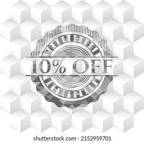 10% Off grey emblem. Retro with geometric cube white background. 