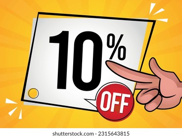 10% off -hand holding white tag with ten percent off. Vector illustration for sales with special offers for retail. Colors: black, red, yelow and Orange