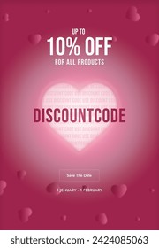 10% off heart poster on pink background. Promotional and shopping banner. Love and Valentine's Day concept pink discount banner design.