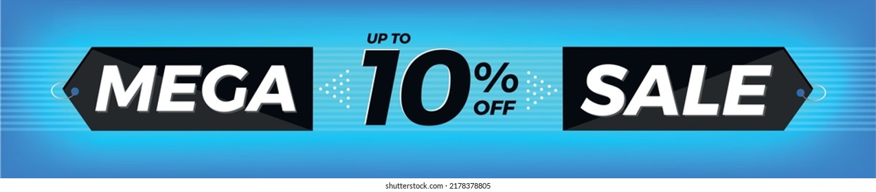 10% de descuento. Banner azul horizontal. Publicidad para Mega Venta. Hasta un 10% de descuento para promociones y ofertas.