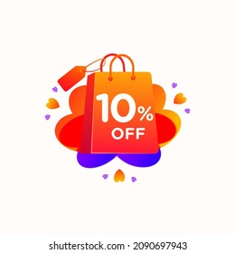 10% off with love shopping bag icon and Sale tag discount offer price label element design. Vector special sale offer illustration template for corporate identity, Special offer tag, Super Sale label