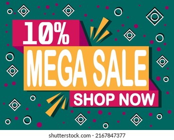 10% off mega sale. Banner with 10% off icon. Shop now for online sales.