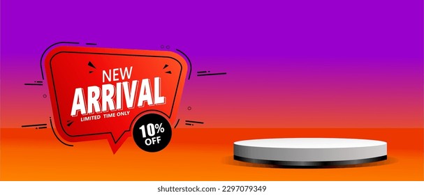  10% off new arrival sale banner template with stage podium product space. purple and orange background Vector illustration. Can used for business store event.