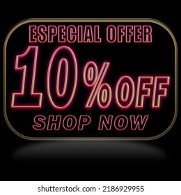 10% off. Offer price discount illustration, vector discount symbol. PREDO BALLOON WITH RED NEON ON BLACK BACKGROUND