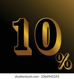 10% off on sale. Gold percent isolated on black and golden light background