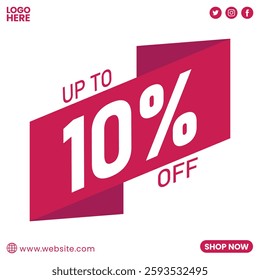 Up to 10% off post design of pink and white color. Discount post design for businesses. Vector template for sales, offers, and marketing.