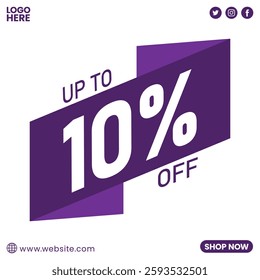 Up to 10% off post design of purple and white color. Discount post design for businesses. Vector template for sales, offers, and marketing.