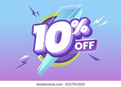 10% Off Promotion with bold white and purple 3D text, surrounded by dynamic lightning shapes, set on a vibrant gradient blue to purple background. Perfect for sale events.