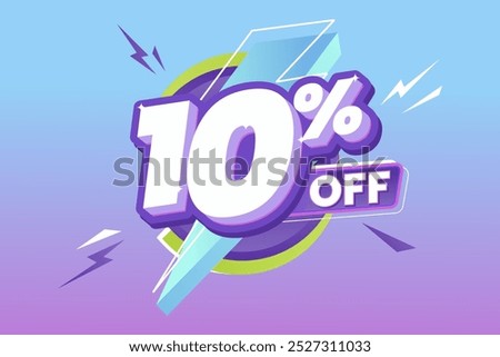 10% Off Promotion with bold white and purple 3D text, surrounded by dynamic lightning shapes, set on a vibrant gradient blue to purple background. Perfect for sale events.
