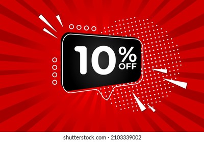 10% off. Red banner with ten percent discount on a black balloon for mega big sales.