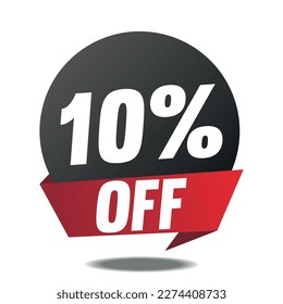 10% off. Red banner with ten percent off on a black balloon for mega big sales.