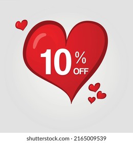 10% off. Red heart 10 percent off. Decorative hearts around. Heart Tag