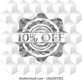 10% Off retro style grey emblem with geometric cube white background