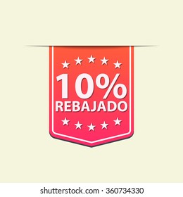 10% Off ribbon label. Blue  color .Spanish text. Vector illustration.