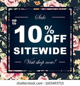 up to 10% off Sale advertising for store and shop sitewide. with text to visit website. with flower pattern in the background. white letters on dark background. for flower shop, beauty salon. vector