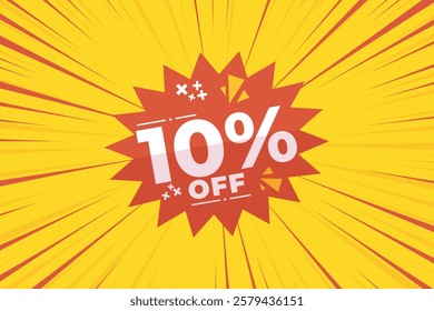 10% off sale banner vector with red and yellow sunburst background and white text. Perfect for flash sale, special offers, big sale, e-commerce, online promotions and discount advertising.