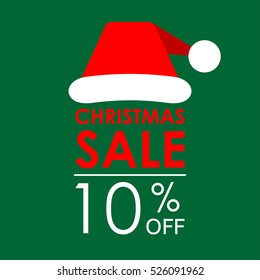 10% off sale. Christmas sale banner and discount design template with Santa Claus hat. Vector illustration.