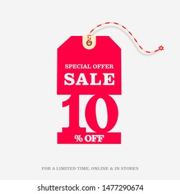 10% OFF SALE Discount Price Tag Illustration. Special Offer Discount up to 10% OFF Badge. Vector Price Tag. Final Clearance Tag. Promo Campaign.