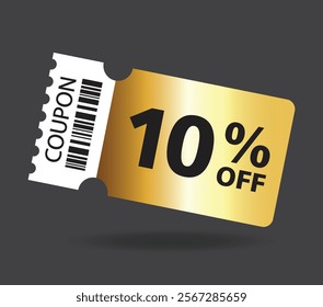 10% off sale gold coupon. Ten percent promotion illustration. Tag label, sale banner with discount coupon. Black Friday.