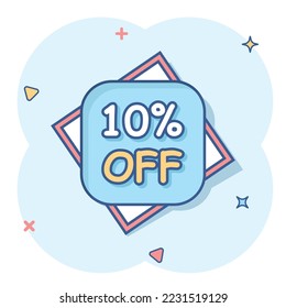 10% off sale label icon in comic style. Discount banner with clock cartoon vector illustration on isolated background. Promo sign business concept splash effect.