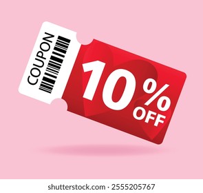 10% off sale red heart coupon. Ten percent promotion illustration for Valentines Day. Tag label, sale banner with discount coupon. Pink Background. Vector eps.