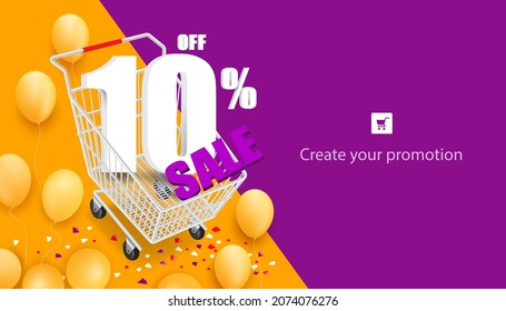 10% off and sale text on shopping cart and all objects on orange and purple background and there are yellow balloons all around for advertising promotion sale concept design,vector 3d