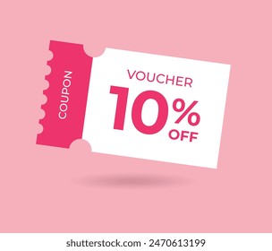 10% off Sale Voucher Coupon. Ten percent promotion illustration. Tag label, sale banner with discount coupon. Pink Vector gift voucher.