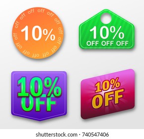 10% OFF. Set of 4 colorful labels templates. Banner isolated on white background. Modern stickers for flyers cards or web.  Vector illustration, EPS 10.