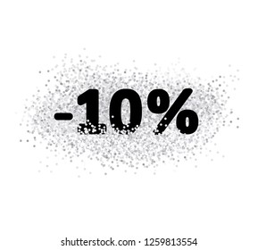 10 % off. Simple Discount Graphic. Sale Vector Illustration. Black Letters with White Confetti. White Background. White Confetti Isolated on White.