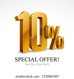 10% Off Special Offer Gold 3D Digits Banner, Design Template Icon Ten Percent. Sale, Discount. Glossy Vector Numbers. Illustration Isolated On White Background.