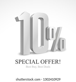 10% Off Special Offer Silver 3D Digits Banner, Template Ten Percent. Sale, Discount. Grayscale, Metal, Gray, Glossy Numbers. Illustration Isolated On White Background. Ready For Your Design. Vector