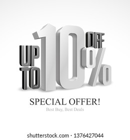 Up To 10% Off Special Offer Silver 3D Digits Banner, Template Ten Percent. Sale, Discount. Grayscale, Metal, Gray, Glossy Numbers. Illustration Isolated On White Background. Ready For Your Design. 