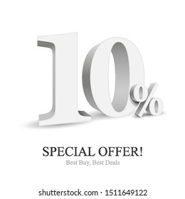Up To 10% Off Special Offer Silver 3D Digits Banner, Template Ten Percent. Sale, Discount. Grayscale, Metal, Gray, Glossy Numbers. Illustration Isolated On White Background. Ready For Your Design. 