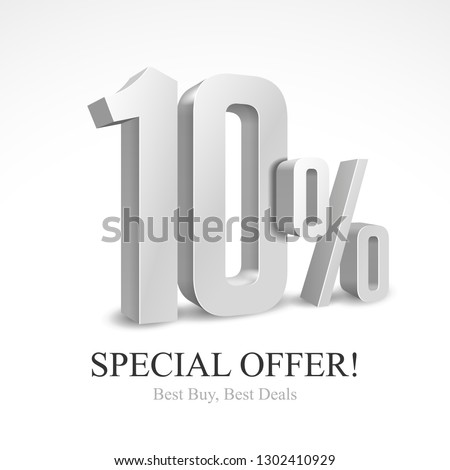 10% Off Special Offer Silver 3D Digits Banner, Template Ten Percent. Sale, Discount. Grayscale, Metal, Gray, Glossy Numbers. Illustration Isolated On White Background. Ready For Your Design. Vector