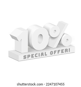 10% Off Special Offer White 3D Digits Banner, Template Ten Percent. Sale, Discount. Grayscale, Metal, Gray, Silver Numbers. Illustration Isolated On White Background. Ready For Your Design. Vector