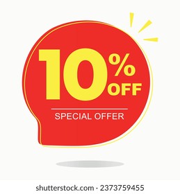 10% off. Tag, sticker, special offer. Red and yellow balloon. Advertising for sales, promo, discount, shop. Poster ten percent off price, value. Vector, symbol, icon