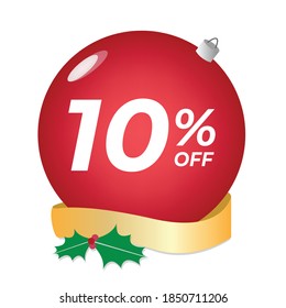 10% de descuento. Diez por ciento de descuento. Cartel de la venta de Navidad. Burbuja roja con ornamentos sobre un vector de fondo blanco.