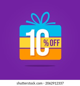 10% off. Ten percent off. Special offer with discount. Colorful discount label for gift on purple background.