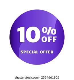 10% de desconto. 10% de desconto, Oferta Especial. Modelo de design de banner de venda de desconto. Etiqueta de desconto. Ilustração vetorial. Design roxo.