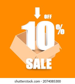10% off text 3d in a parcel box and all object floating in the air for advertising promotion sale,vector 3d isolated on orange background