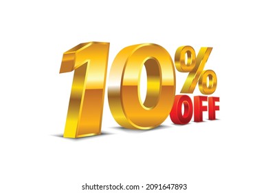10% off, With white background, 3D golden-yellow and red objects. Vector illustration