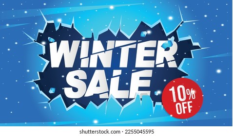 10% de descuento. Banner invernal con un diez por ciento de descuento en un globo azul para las ventas de invierno.