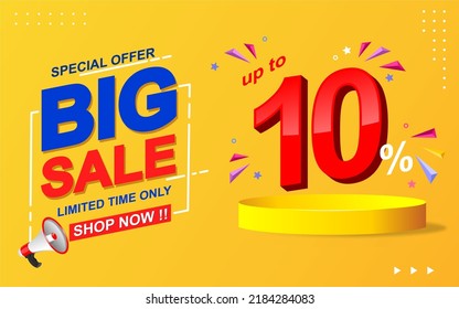 10% off. Yellow banner with ten percent discount on a cylinder pedestal podium   for mega big sales