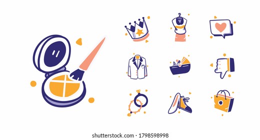 10 Online Shopping Ecommerce Icon Illustration in Hand Drawn Design Style. Woman, man, girl, Beauty, make up, crown, queen, fashion, clothes, baby care, dislike, like, jewelry, acsessories, shoes, bag