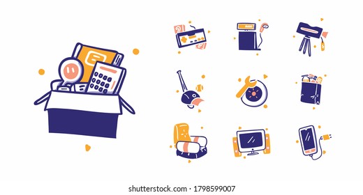 10 Online Shopping or Ecommerce Icon Illustration in Hand Drawn Design Style. Stationery game electronic camera photography sport hobby automotive food drink furniture computer handphone accessories