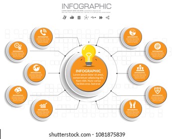 10 options circles presentation business infographics template. Orange theme.