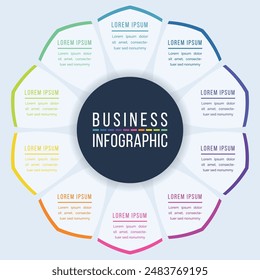 10 Optionen Infografik Kreisdesign 10 Stufen, Objekte, Elemente oder Optionen Informationen Wirtschaft Infografik Vorlage