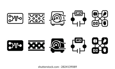 10 Organ on Chip Icons – Microfluidic channel, cell membrane, peristaltic pump and sensor for UI. Clean, editable vector icon set.