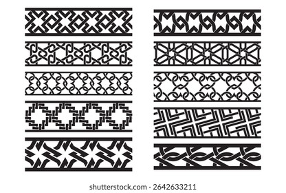 10 ornamental borders with dynamic interlacing shapes. Use for stylish frame decorations, traditional accents, or design embellishments with cultural motifs.